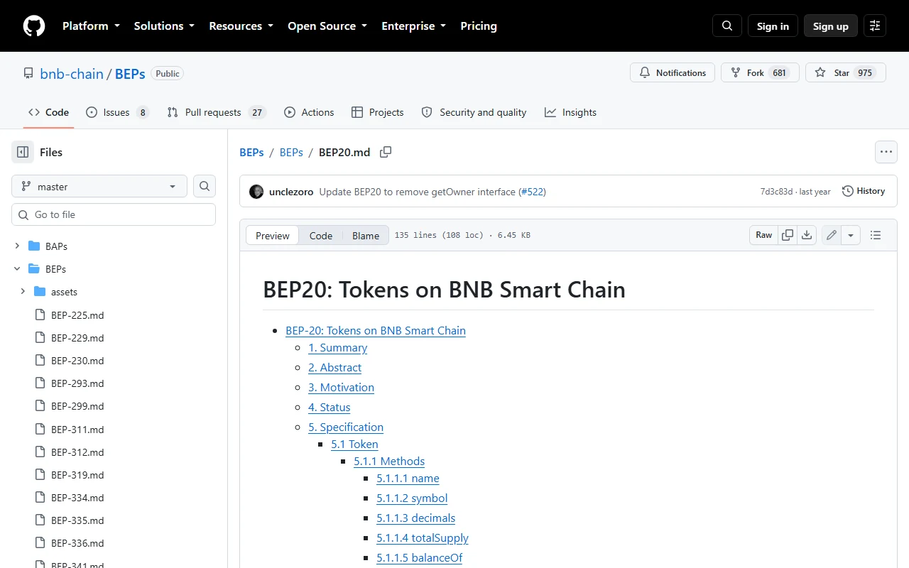 BNB Chain 官方 BEP 倉庫顯示 BEP20 Tokens on BNB Smart Chain 規範頁