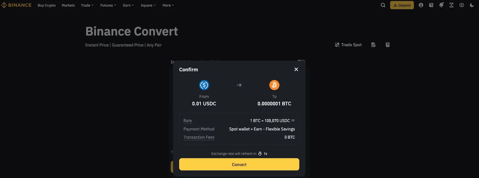 Binance Convert təsdiq ekranında iki aktiv və dəyişdiriləcək məbləğin son yoxlanması