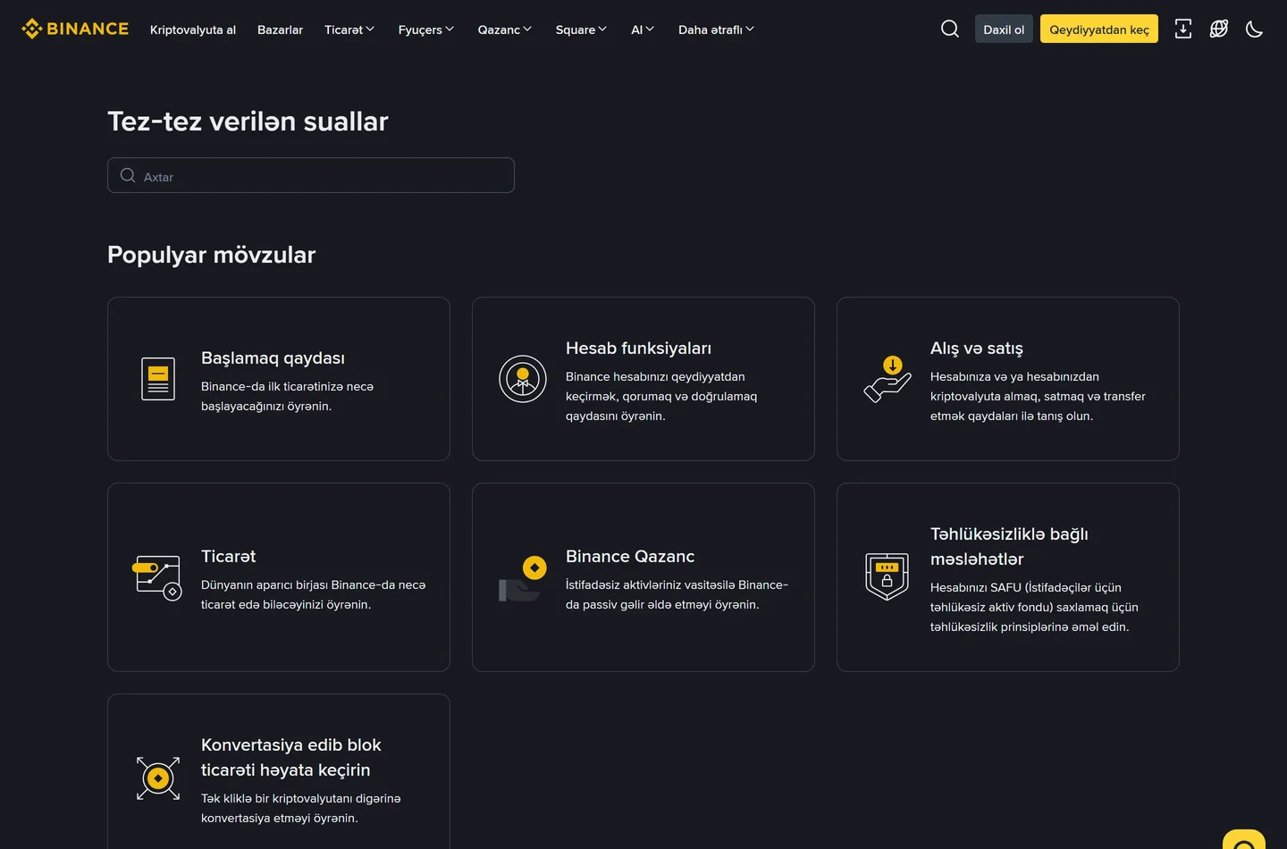 Binance dəstək mərkəzinin tez-tez verilən suallar səhifəsi: başlamaq qaydası, hesab funksiyaları, alış və satış, ticarət və təhlükəsizlik bölmələri