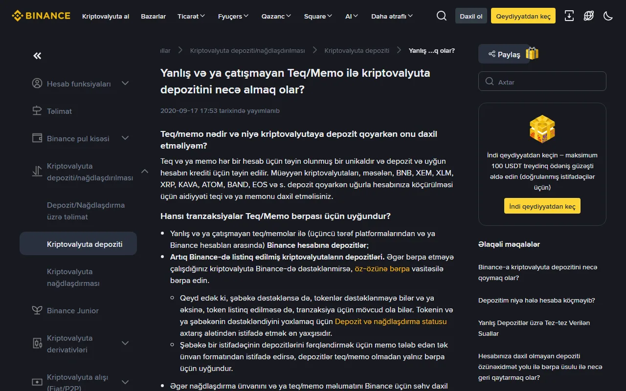 Birjanın Azərbaycan dilindəki dəstək səhifəsi: yanlış və ya çatışmayan teq/memo ilə depozitin bərpası üçün hansı tranzaksiyaların uyğun olduğu izah olunur