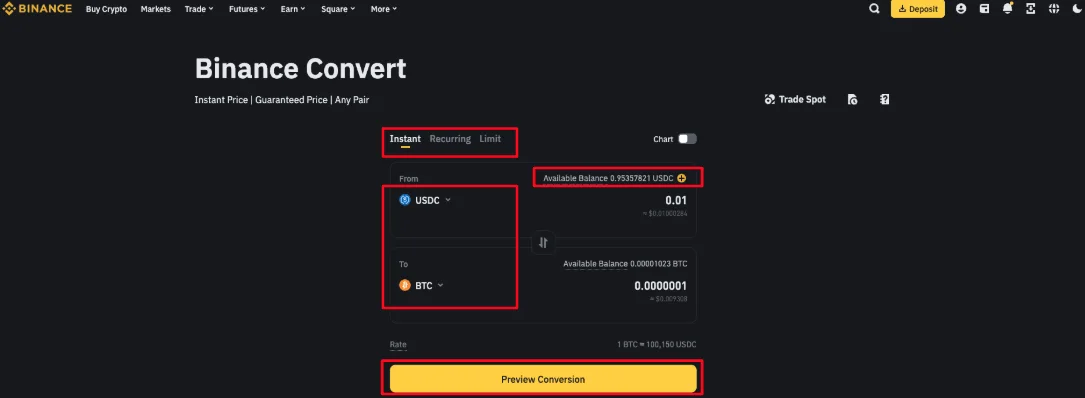 Binance Convert real önizləməsində ödənən aktiv, alınan aktiv və cari təklif