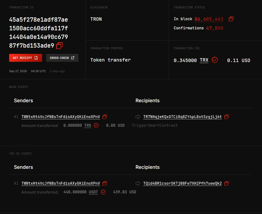 3xpl blok brauzerində TRON şəbəkəsində USDT köçürməsinin səhifəsi: yuxarıda blok nömrəsi və təsdiqlərin sayı, "Main events" hissəsində alıcı kimi USDT müqaviləsi və 0 TRX, aşağıdakı "TRC-20 events" hissəsində isə real alıcı ünvanı və 440 USDT görünür