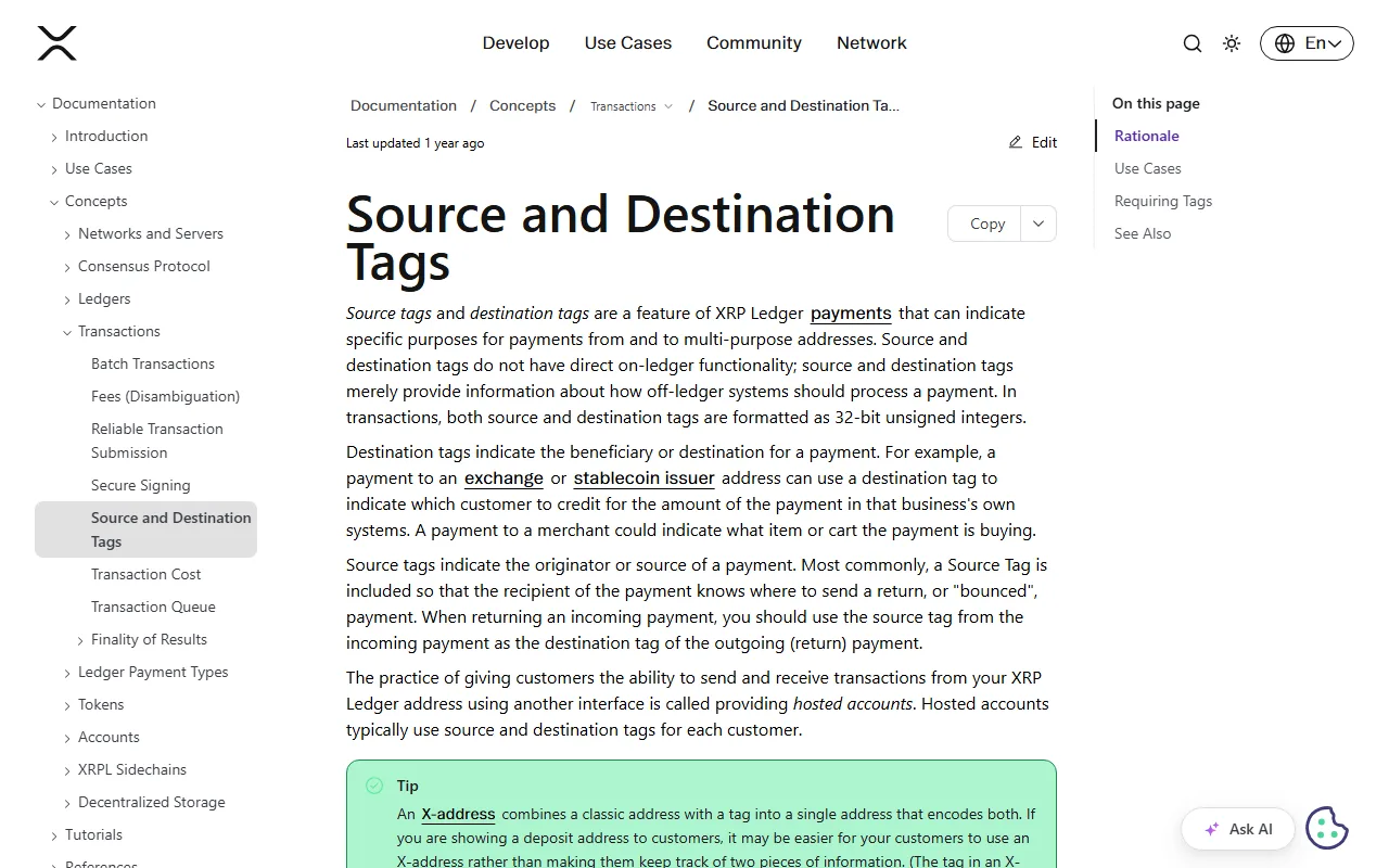 XRP Ledger 官方文件 Source and Destination Tags 頁面，說明目的標籤是 32 位元無符號整數，並解釋交易所如何用它識別客戶