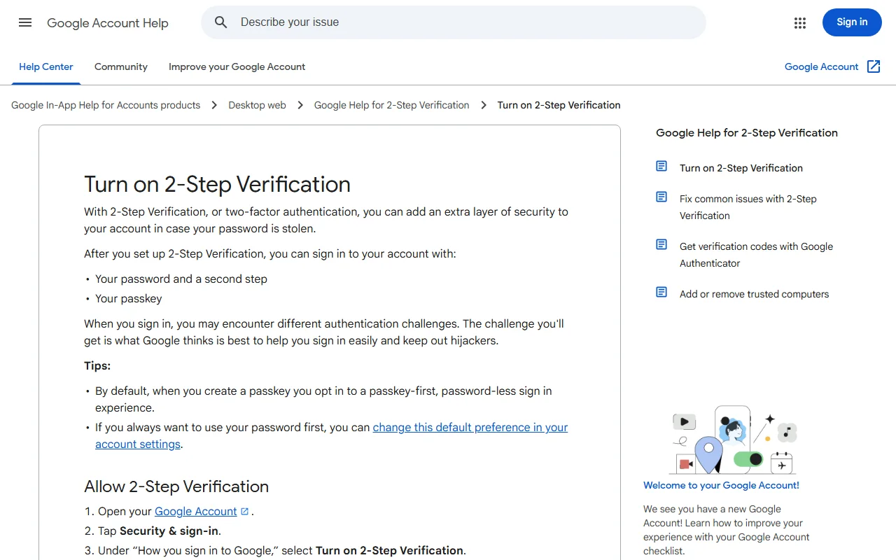 Google Account Help saytında "Turn on 2-Step Verification" ingilis dilli səhifəsi: girişdə "parol və ikinci addım" və ya "passkey" seçimləri, aşağıda Security & sign-in bölməsindən ikiaddımlı təsdiqi aktivləşdirmə addımları