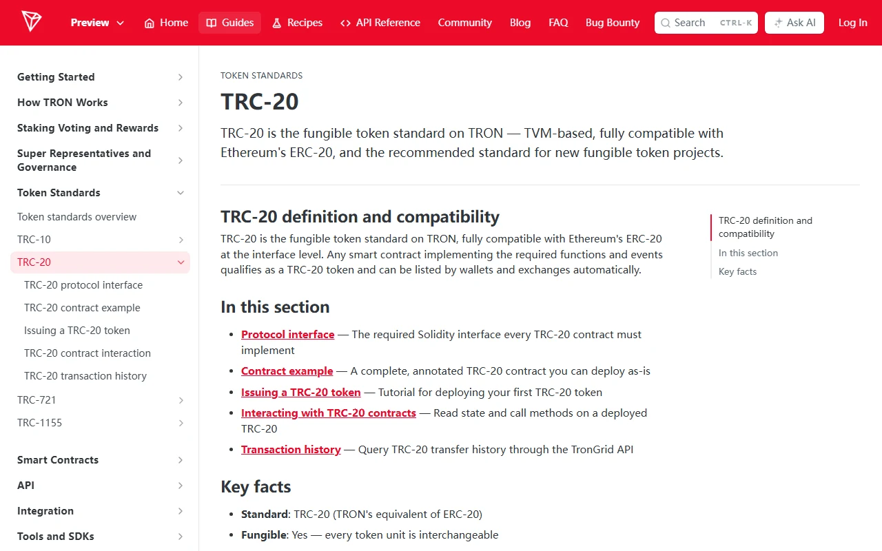 TRON 官方開發者文件顯示 TRC-20 定義、相容性與關鍵事實