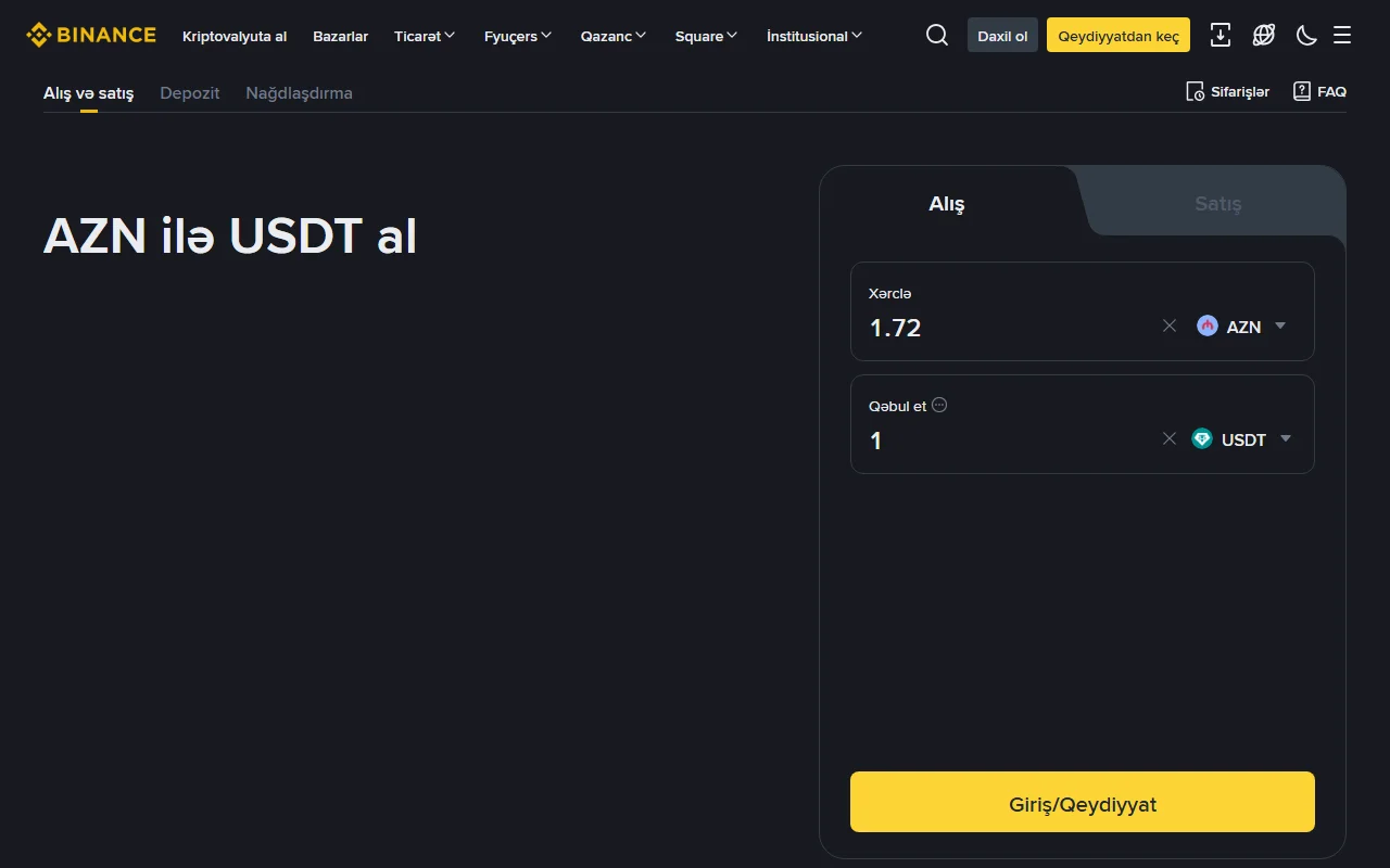 Binance-in Azərbaycan dilindəki «AZN ilə USDT al» səhifəsi: «Alış» bölməsi, «Xərclə» sahəsində 1.72 AZN, «Qəbul et» sahəsində 1 USDT və aşağıda «Giriş/Qeydiyyat» düyməsi