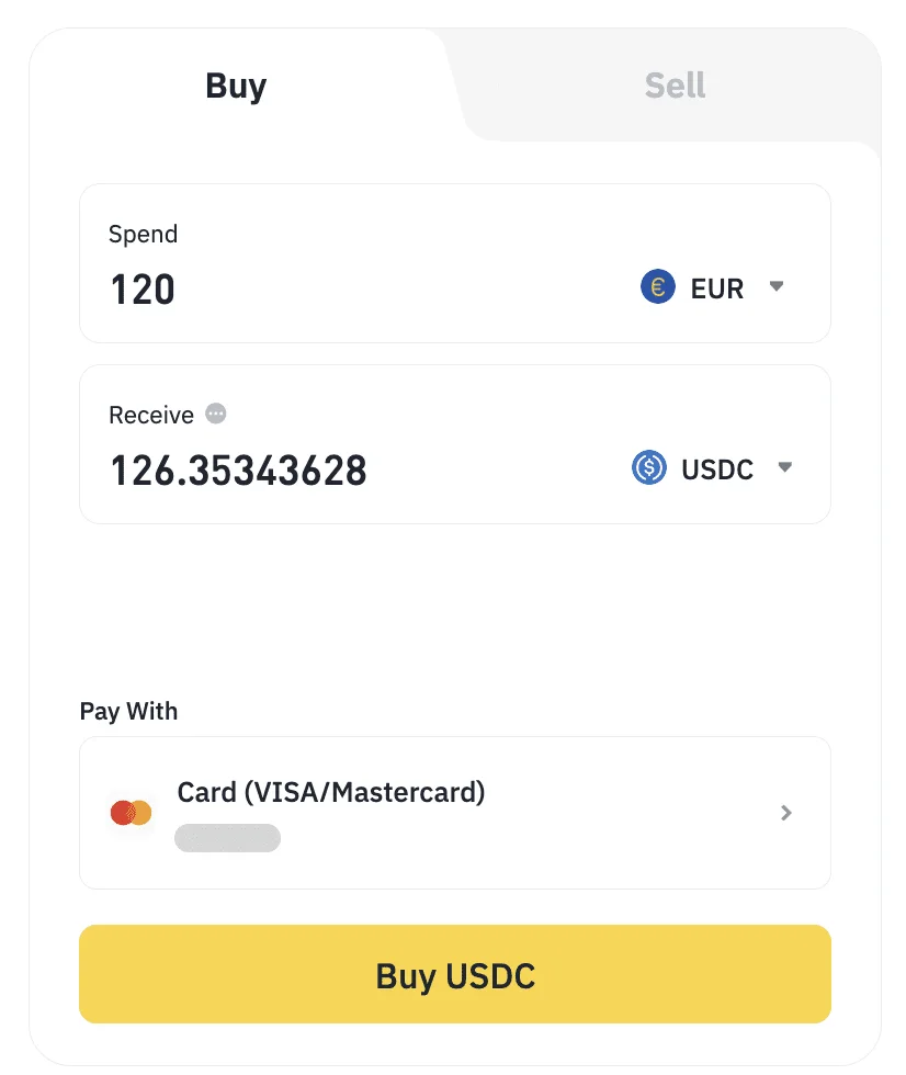 Binance kartla alış ekranında ödənən və alınan məbləğ; kart məlumatı gizlədilib