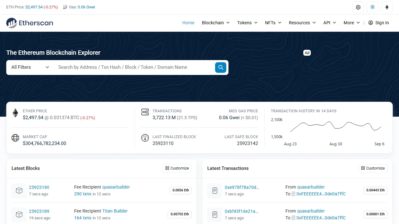 Etherscan 真實首頁顯示可用地址、TxID、區塊或代幣查詢 Ethereum 鏈上狀態