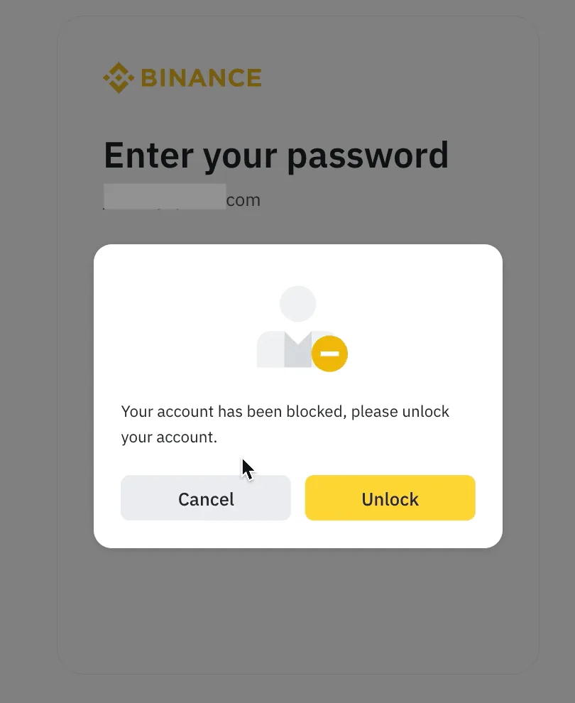 Binance 帳戶被封鎖時的解鎖提示,Email 已遮蓋