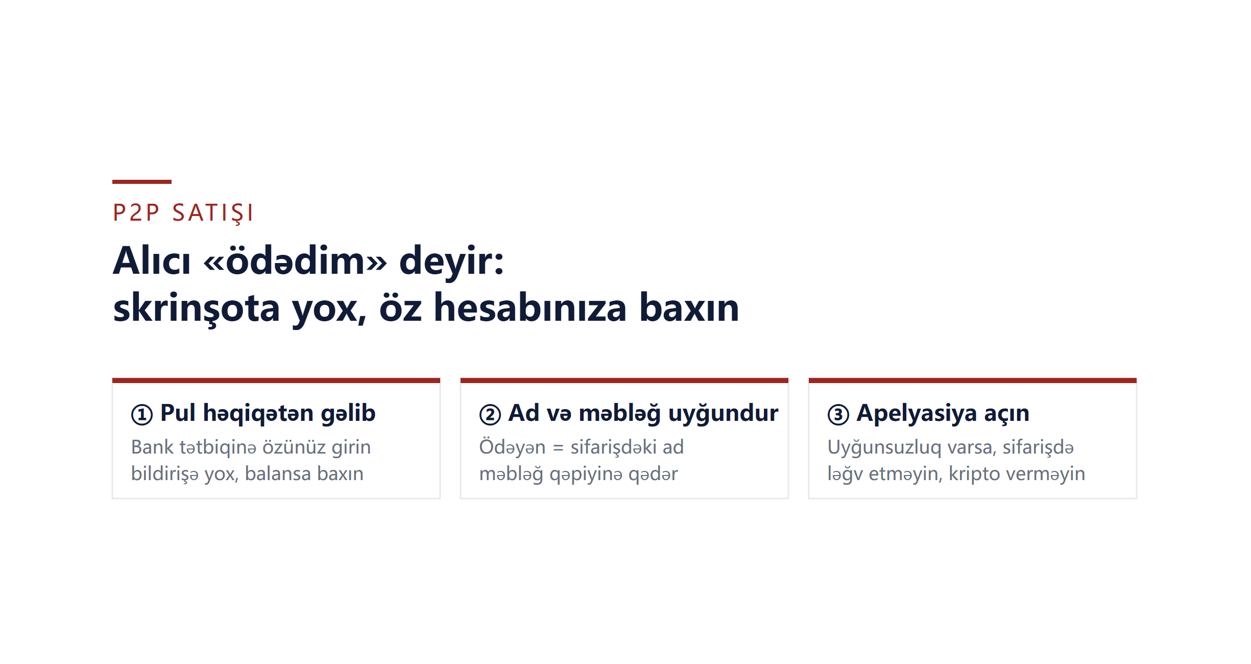 P2P-də alıcı «ödədim» deyir, pul isə görünmür: kriptonu buraxmazdan əvvəl yoxlama və apelyasiya