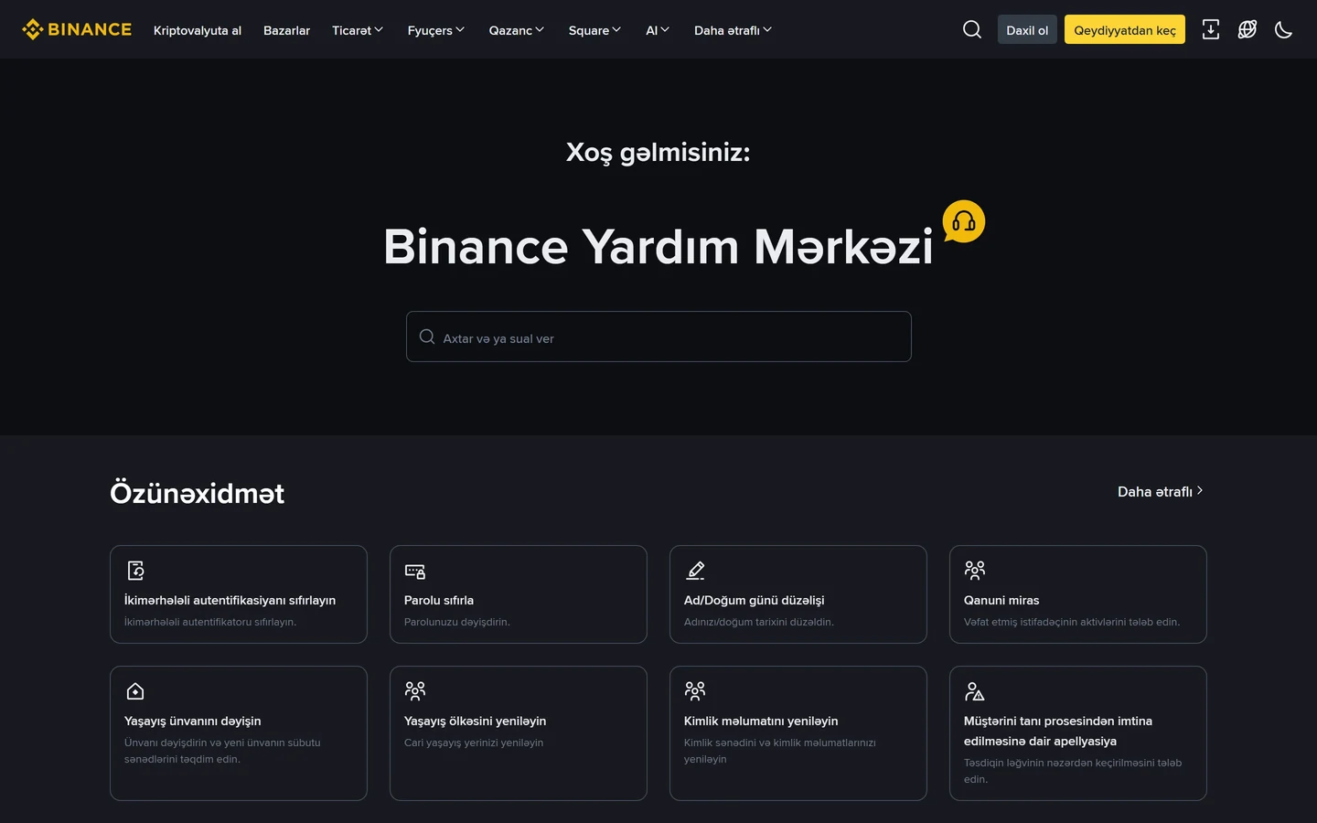 Binance Yardım Mərkəzinin azərbaycanca ana səhifəsi: sual axtarışı sahəsi və 2FA sıfırlama, parol sıfırlama, kimlik yeniləmə kimi özünəxidmət bölmələri