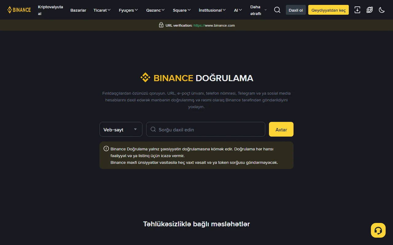Binance Doğrulama səhifəsinin Azərbaycan dilində ilk ekranı: veb-sayt, e-poçt, telefon, Telegram növü seçilib sorğu daxil edilir, altda Binance-in məxfi ünsiyyətlə heç vaxt vəsait və ya token istəməyəcəyi xəbərdarlığı