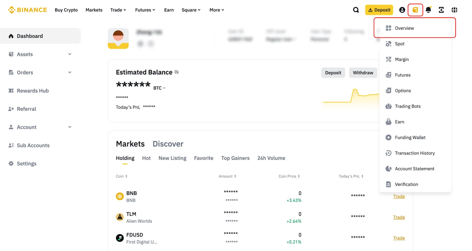 Şəxsi məlumatı örtülmüş real Binance aktivlər ekranında Overview və əməliyyat tarixçəsi girişləri