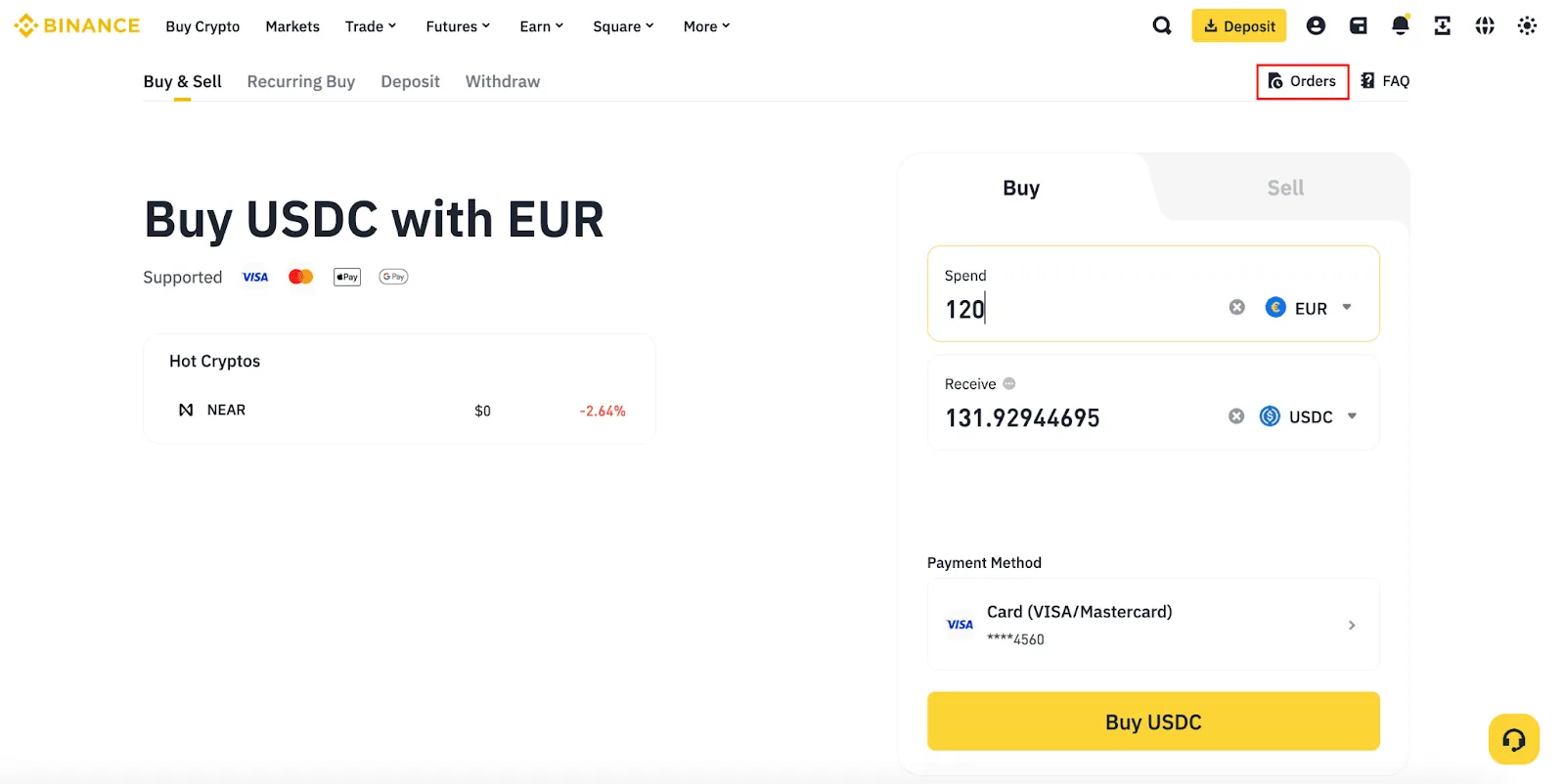 Binance-in real Buy & Sell ekranında Deposit və Withdraw bölmələri ayrı giriş kimi göstərilir