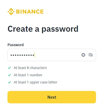 Binance 建立密碼頁面與密碼條件提示