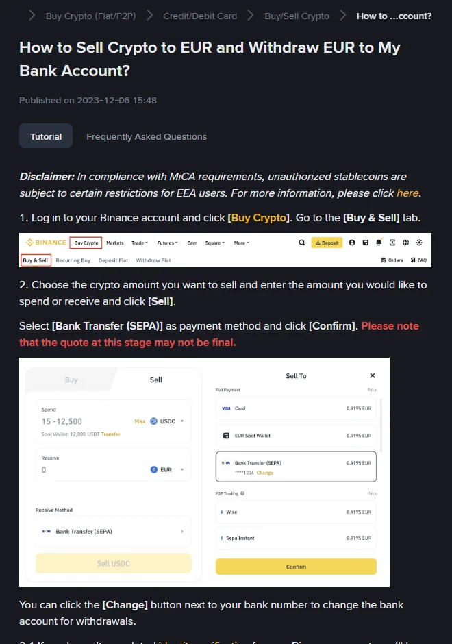 幣安英文說明頁 How to Sell Crypto to EUR and Withdraw EUR to My Bank Account,畫面中選擇 Bank Transfer (SEPA) 為收款方式,並提示報價可能不是最終報價