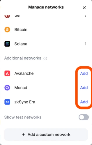 MetaMask 官方文件中的網路管理視窗,顯示 Additional networks 的 Add 按鈕與 Add a custom network 入口